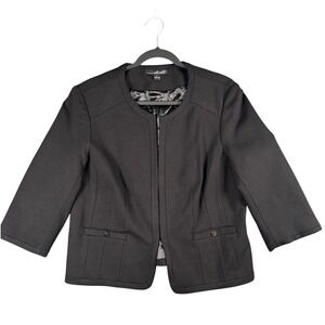Chic Black Collarless Blazer Womens L Open Front 3/4 Sleeve‎ Minimalist Jacket